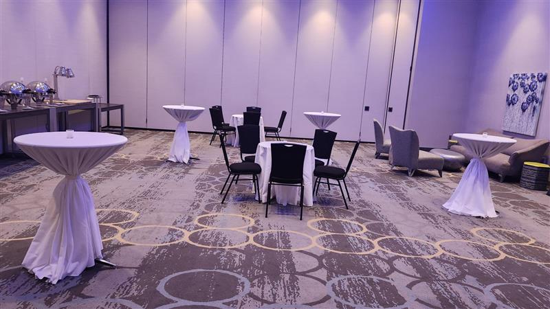 Casual reception setup in the ballroom
